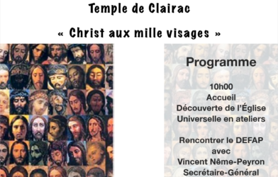 Dimanche 31 mai – Fête Consistoriale « Christ aux mille visages »Rendez-vous à 10h00 au temple de Clairac Culte à 14h30